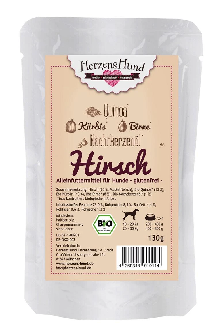Herzenshund Hirsch M. Bio Quinoa | 15x 130g Hundenassfutter 1 Herzenshund Hirsch M. Bio Quinoa | 15x 130g Hundenassfutter